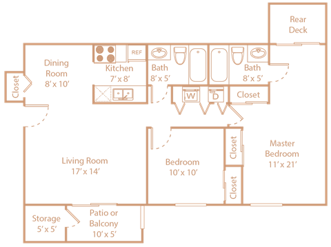 Floor plan for 2 beds, 2 baths, 952 sqft